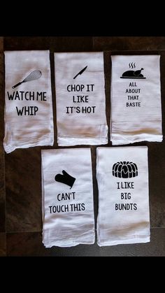 six tea towels with different words on them