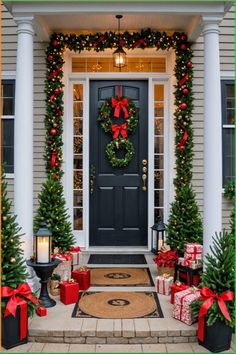 a front door decorated for christmas with presents