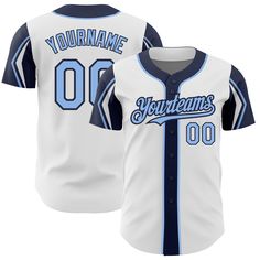 Custom White Light Blue-Navy 3 Colors Arm Shapes Authentic Baseball Jersey Blue Varsity Baseball Jersey With Team Logo, Customizable Blue Varsity Jersey, Blue Baseball Jersey With Team Name For Fans, Blue Varsity Baseball Jersey With Team Name, Blue Baseball Jersey With Letter Print For Team Events, Blue Baseball Jersey With Letter Print For Team Spirit, Blue Baseball Jersey With Team Name For Team Spirit, Collegiate Jersey With Customizable Baseball Collar, Blue Team Spirit Baseball Jersey With Team Name