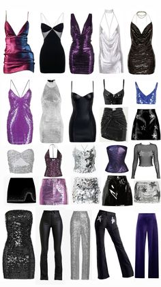 a collage of different types of clothes and outfits with sequins on them