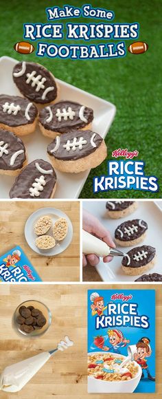 rice krispies football cookies on a plate and in the process of being made with rice krispies