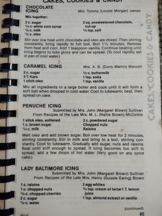 an old recipe book with instructions on how to make cakes and candies in it