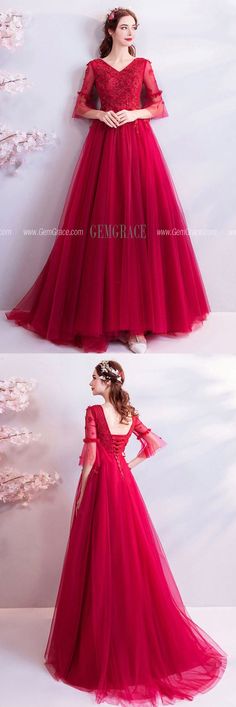 Burgundy Tulle Wedding Gown, Wedding Burgundy Tulle Gown, Party Dress With Sleeves, Party Dresses With Sleeves, Prom Dresses Red, Clothing Board, Red Prom Dresses, Dress With Sleeves, Wedding Store