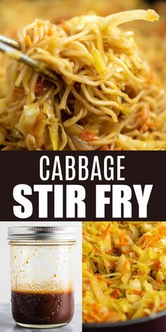 cabbage stir fry in a pan with text overlay