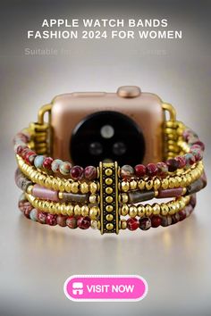 Handmade Apple Watch band for women, featuring vibrant red, pink, and gold beads with detailed gold accents. A stunning 2024 fashion accessory compatible with all Apple Watch series, perfect for adding a touch of elegance and color to your wrist Trendy Beaded Gold Apple Watch Band, Trendy Gold Beaded Apple Watch Band, Trendy Gold Beaded Watch Bands, Adjustable Multicolor Apple Watch Band With Round Beads, Trendy Adjustable Beaded Apple Watch Band, Adjustable Gold Apple Watch Band With Round Beads, Adjustable Gold Beaded Watch Bands, Trendy Beaded Apple Watch Band As Fashion Accessory, Trendy Beaded Apple Watch Band