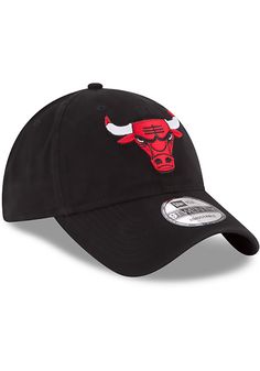 This Chicago Bulls Black Adjustable Hat features a team logo embroidered on the front. Team logo embroidered on the front, Cloth Strap Closure to dial in the perfect fit, Relaxed, unstructured fit, Pre-curved bill, 100% cotton construction, New Era Flag logo on side, Dad hat, 100% Cotton, Washable, Imported Black Hat With Embroidered Logo And Curved Visor, Black Hat With Logo And Curved Brim, Black Dad Hat With Embroidered Logo For Baseball Season, Curved Bill Hat With Embroidered Logo For Fan Merchandise, Curved Bill Hat With Embroidered Logo For Fans, Collegiate Black Cotton Hat, Classic Black Dad Hat With Embroidered Logo, Dad Cap With Embroidered Logo For Fan Gear, Collegiate Black Cotton Baseball Cap