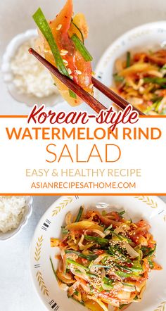 korean style watermelon rind salad on a plate with chopsticks and rice