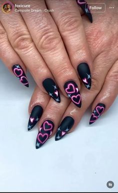 Neon Black Nails Designs, Black Pink Heart Nails, Edgy Valentines Day Nails, Hot Pink And Black Prom Nails, Purple Vday Nails, Valentines Nails Black And Pink, Gothic Valentine Nails, Halloween Valentines Nails, Valentines Day Nails Goth