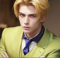 a man with blonde hair wearing a green suit and blue tie, looking at the camera