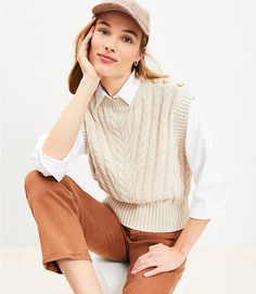 Shoulder Button Cable Sweater Vest Sweater Vest Outfit Women, Vest Outfit Women, Vest Outfits For Women, Petite Sweaters, Sleeveless Sweater Vest, Social Dresses, Knit Texture, Scarf Sale