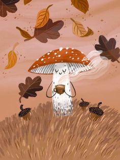 an illustration of a mushroom holding a coffee cup in its hands while walking through the grass