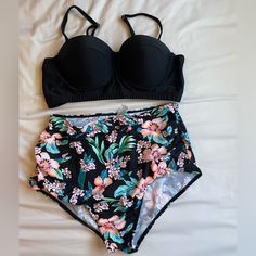 Never Worn. Too Big On Me. Lined Black Swimwear For Pool, Black Lined Swimwear For The Beach, Black Lined Swimwear For Beach, Lined Black Swimwear For Spring, Black Lined Swimwear For Spring, Black Tropical Swimwear For Spring, Spring Black Lined Swimwear, Swimming Swimsuit, Swimsuit Set