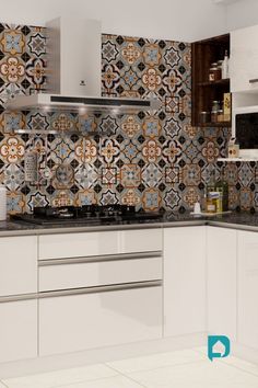 an image of a kitchen setting with tiles on the backsplash and counter tops