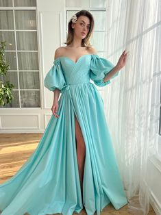 Aquamarine Charlotte Gown Cyan Prom Dress, Aquamarine Dress, Short Sleeve Prom Dresses, Luxurious Wardrobe, Twilight Oc, Teuta Matoshi, Taffeta Gown, Satin Formal Dress, Flora Dress