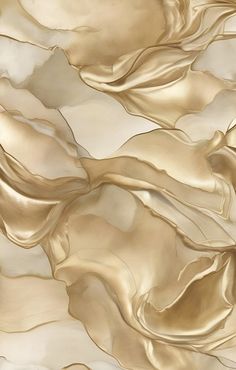 an abstract gold and white painting with wavy lines on it's surface is shown