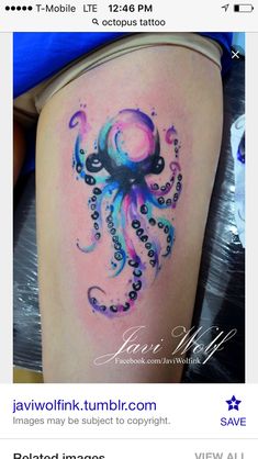 an octopus tattoo is shown on the thigh and it's colors are very colorful