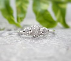 a three stone ring with leaves in the background