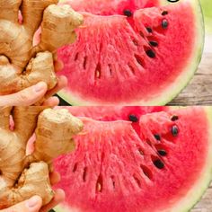 two slices of watermelon and one piece of ginger are being held up to the camera