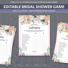 the editable bridal shower game is displayed on a wooden table with flowers and greenery