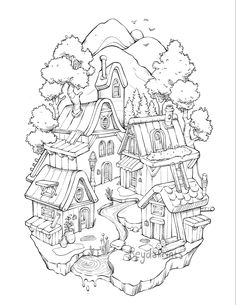 a drawing of a house in the middle of a forest with trees and mountains behind it