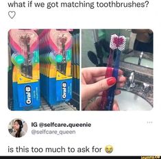 someone is holding two toothbrushes in front of a sink and another photo with the same one