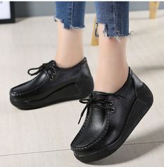 Leather Closed-toe Platform Loafers, Comfortable Lace-up Platform Sneakers With Rubber Sole, Leather Lace-up Platform Boots With Zipper, Black Lace-up Platform Boots With Rubber Sole, Black Lace-up Platform Loafers With Rubber Sole, Women Platform Shoes, Improve Posture, Pig Skin, Spring And Autumn