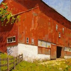 a painting of an old red barn