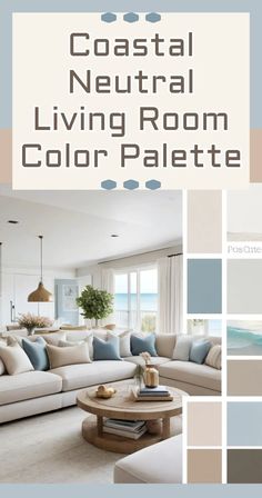 a living room with white couches and blue accents on the walls is featured in this color palette