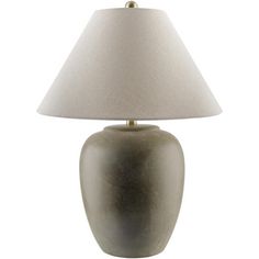 a table lamp with a white shade on it's base and a light bulb in the shape of a vase