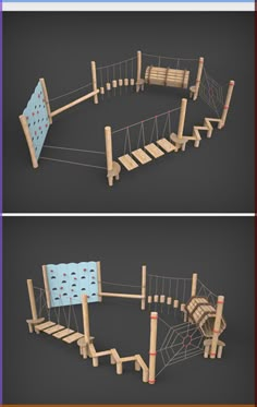 three different views of a wooden play structure with ropes and ladders on each side