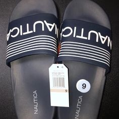 Brand New Nautica Logo Slides/ Sandals Size 9 New With Tags Navy Slides With Cushioned Footbed For Summer, Navy Cushioned Slides For Summer, Casual Navy Sandals With Cushioned Footbed, Navy Beach Slides With Cushioned Footbed, Navy Sporty Open Toe Slides, Navy Slip-on Slides For Summer, Navy Open Toe Slides For Summer, Casual Navy Flat Sandals, Navy Casual Open Toe Sandals