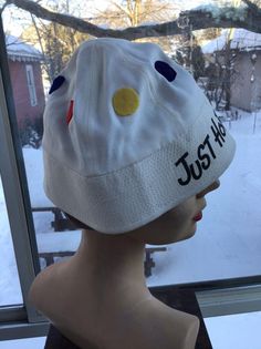 "**CHILDS HAT** Vintage 1950's 1960's Childs white hat. Has felt Polka Dots and a Straw Horse adorning it. Reads *Just Horsin Around* on the front. *SCROLL DOWN FOR MORE INFORMATION* **I DO COMBINE SHIPPING** CONDITION: Has 2 discolorations on the front. One by the letter R in Horsin and by the R in Around. MEASURES: Inside circumference-21\" Height-5 1/2\" *WE APOLOGIZE~BUT WE NO LONGER SHIP TO GERMANY, ITALY OR SPAIN. IF ORDERS COME IN FROM GERMANY, ITALY OR SPAIN, WE WILL HAVE TO CANCEL THEM Vintage White Brimmed Hat, White Fitted Retro Hat, Vintage White Hat, One Size Fits Most, Vintage White Hat One Size Fits Most, White Adjustable Retro Hats, White Vintage Hat, 1960s Hats, The Letter R, Vintage Clothing Boutique