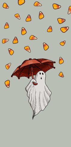 a drawing of a ghost holding an umbrella in the air with candy falling from it