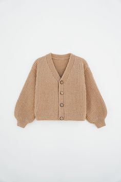 a brown cardigan sweater with buttons on the front and sleeves, sitting against a white background