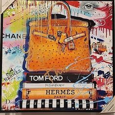 a painting of a yellow purse on top of three books with the words tom ford written across it