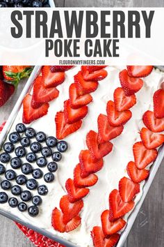 How to make easy strawberry poke cake with Jello mix, topped off with Cool Whip, strawberries, and blueberries. The best holiday or summer dessert recipe!