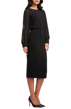 A sheer bodice lends an elegant touch to this chic dress designed with billowing sleeves. 44 1/2" length (size Medium) Jewel neck Long sleeves Partially lined 100% polyester Machine wash, dry flat Imported Black Peacock, Dress The Population, Black Long Sleeve Dress, Jewel Neck, Peacock Blue, Medium Long, Chic Dress, Nordstrom Dresses, Sleeve Dress