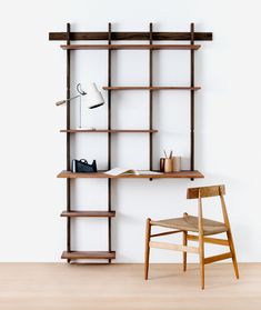 a woman standing in front of a book shelf with a lamp on it's side