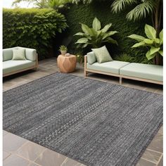 an outdoor area with two couches and a rug on the ground in front of some plants