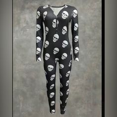 Sexy, Sleek, Creepy Skull One Piece Pajama Jumpsuit Long John’s. Fitted White Bodysuit For Sleep, Black Fitted Onesie For Loungewear, Fitted Printed Onesie For Loungewear, Printed Fitted Bodysuit For Loungewear, Casual Printed Bodysuit For Loungewear, Pajama Jumpsuit, Creepy Skull, Black Nightgown, Satin Quilt