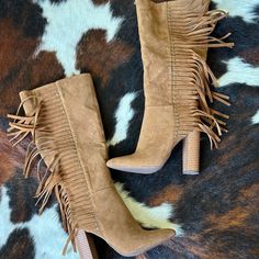 Western, Boho Fringe High Heel Boots! Never Worn! Brown Fringed Boots For Spring, Brown Fringe Boots For Spring, Spring Brown Boots With Fringe, James Decker, Jessie James Decker, Jessie James, Boho Fringe, Justfab Shoes, Fringe Boots