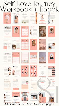 the self love journey workbook and ebook is displayed on a pink background with white text