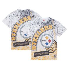 The Men's Mitchell & Ness White Pittsburgh Steelers Team Burst Sublimated T-Shirt is the perfect way to show unwavering support for the Pittsburgh Steelers. This stylish tee features sublimated graphics showcasing the iconic Steelers logo and team colors, a must-have for true fans. The comfortable crew neck and woven tag add sophistication, while the durable polyester and cotton blend ensures longevity through countless game days and beyond. Whether cheering from the stands or displaying Steelers pride, this t-shirt is the perfect way to represent your favorite NFL team. Steelers Gear, Troy Polamalu, Steelers Logo, Map Shop, South Central, Nfl Gear, Kids Journal, Team T Shirts, Nfl Teams