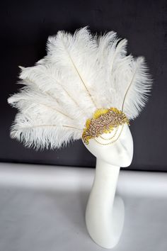 Feather Gold crystal carnival headdress  Gatsby flapper headband, 1920's flapper Headpiece headband, Samba party Crystal Headband headdress Beautiful carnival Style, Great Gatsby inspirated design - flapper rhinestone and big feathers headband. Perfect for a carnival part , vintage party, or a 1920's wedding or Great Gatsby party. Big Gold clear crystal rhinestone haedband embellished with rhinestone applique. This sparkly headband is very unique and wow looking. There are big ostrich feathers t Carnival Crown Headpiece For Mardi Gras, Crown Headpiece For Mardi Gras Carnival, Bohemian Headpiece For Carnival Party, Mardi Gras Carnival Crown Headpiece, Bohemian Headpiece For Mardi Gras Party, Adjustable Headband Costume Hats For Carnival, Gatsby Style Feather Headband, Gatsby Style Headband Fascinator, Carnival Party Headpiece With Feathers