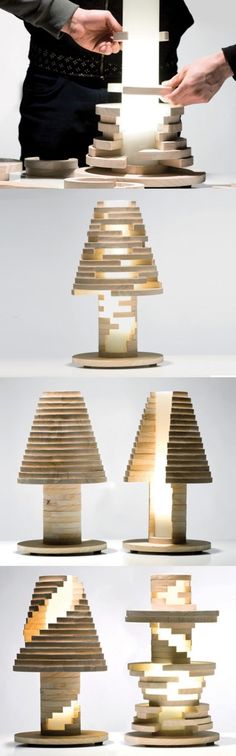 three different views of a lamp made out of wood and paper, with hands reaching for it