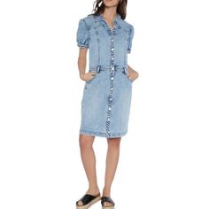 Brand New Without Tag Color: Tommie Blue Size: M Bust:20" Length:37" Waist:15.5" Across Hip: 20.5" Across Sleeves:10" A Modern Wash And Premium Stretch Denim Bring An Edgy Touch To This Puff-Sleeve Dress With A Classic Button-Up Front. Spread Collar Short Sleeves 95% Cotton, 3% Polyester, 2% Spandex Machine Wash, Tumble Dry Imported Fitted Light Wash Denim Dress For Work, Light Wash Short Sleeve Denim Dress, Knee-length Denim Blue Dress, Blue Knee-length Denim Dress For Spring, Medium Wash Knee-length Cotton Denim Dress, Chic Washed Blue Knee-length Denim Dress, Denim Blue Relaxed Fit Knee-length Dress, Knee-length Washed Blue Denim Dress With Pockets, Relaxed Fit Denim Blue Knee-length Dress