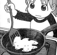 a drawing of a boy cooking in a frying pan