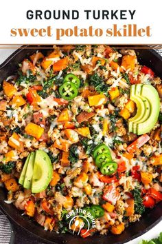 a skillet filled with sweet potato and avocado