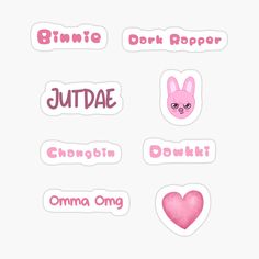 stickers with different types of animals and words in pink, white and red colors