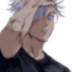 a man with blue hair is holding his hands to his head